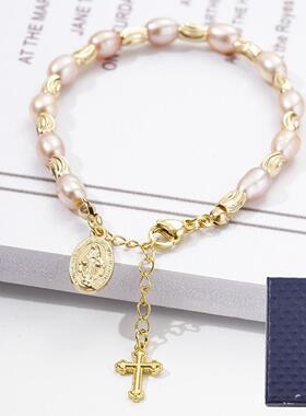 彩色珍珠手串天然淡水珍珠手链小众感十字架手串送女友闺蜜礼物