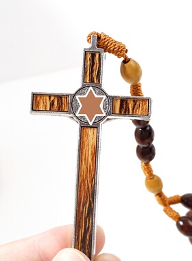 手工深咖木珠十字架男项链