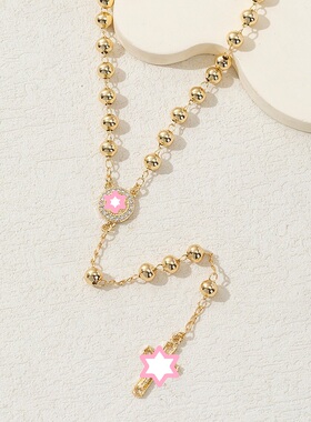 纯铜十字架金色圆珠锁骨链女款