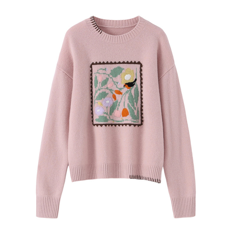 大师手绣花鸟画～新款秋冬100%纯山羊绒女圆领宽松加厚毛衣,淘宝优惠券,粉丝福利购,淘宝优惠卷