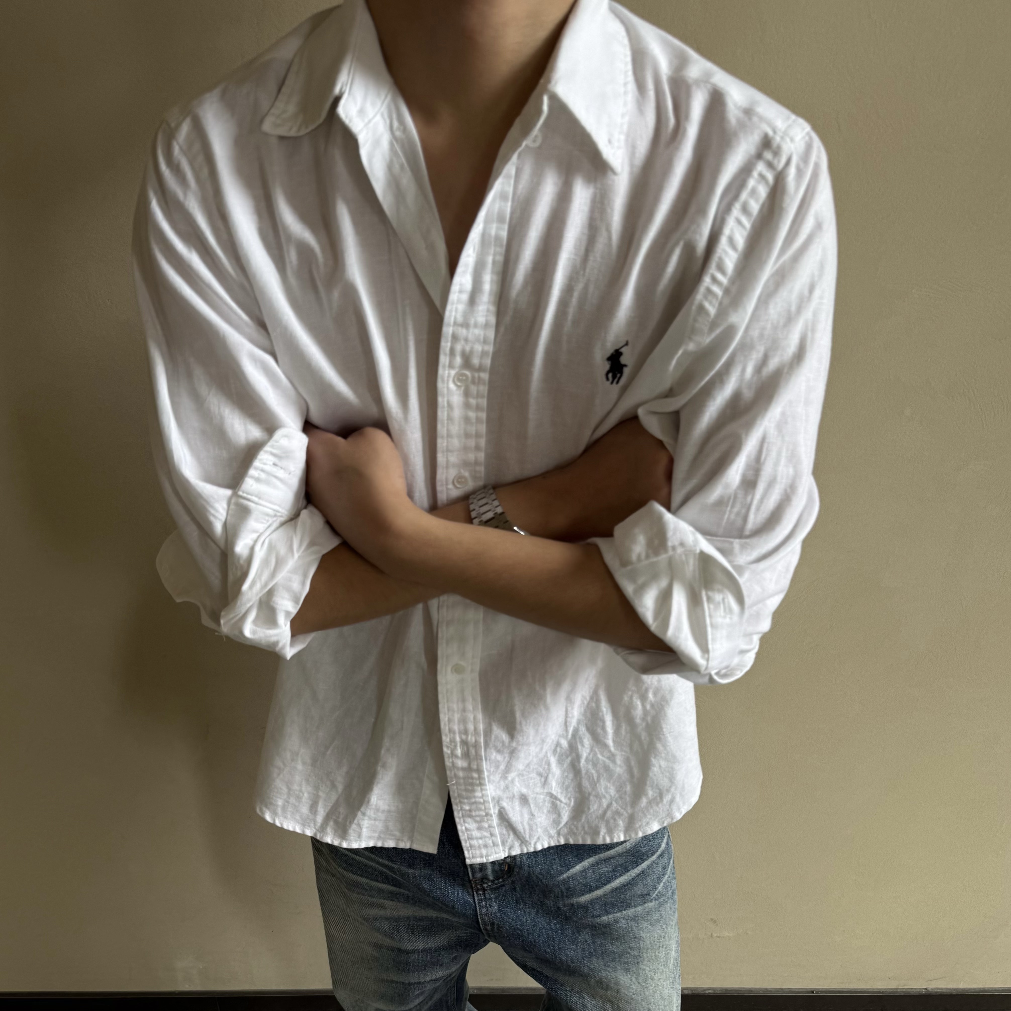 TZG 白色老钱风RL小马棉麻长袖衬衫男cleanfit宽松经典款春秋衬衣 - 图3