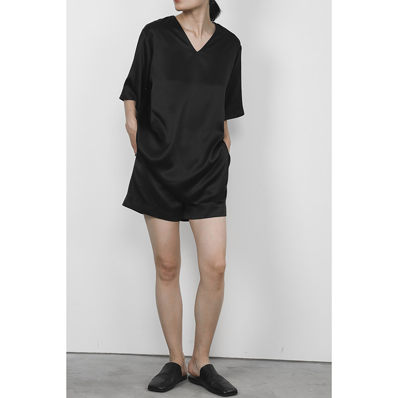 JUZININE原创设计 重磅真丝短袖衬衫  桑蚕丝素绉缎V领T恤,淘宝优惠券,粉丝福利购,淘宝优惠卷