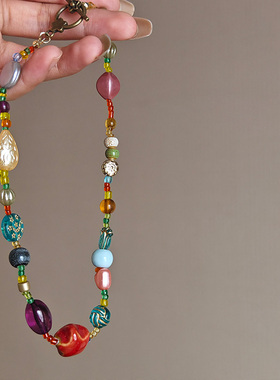 复古ins彩色甜美古风项链锁骨链