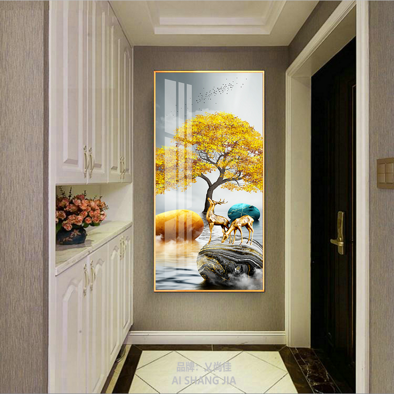 镶钻晶瓷玄关装饰画现代简约竖版走廊酒店背景墙客厅壁画过道挂画