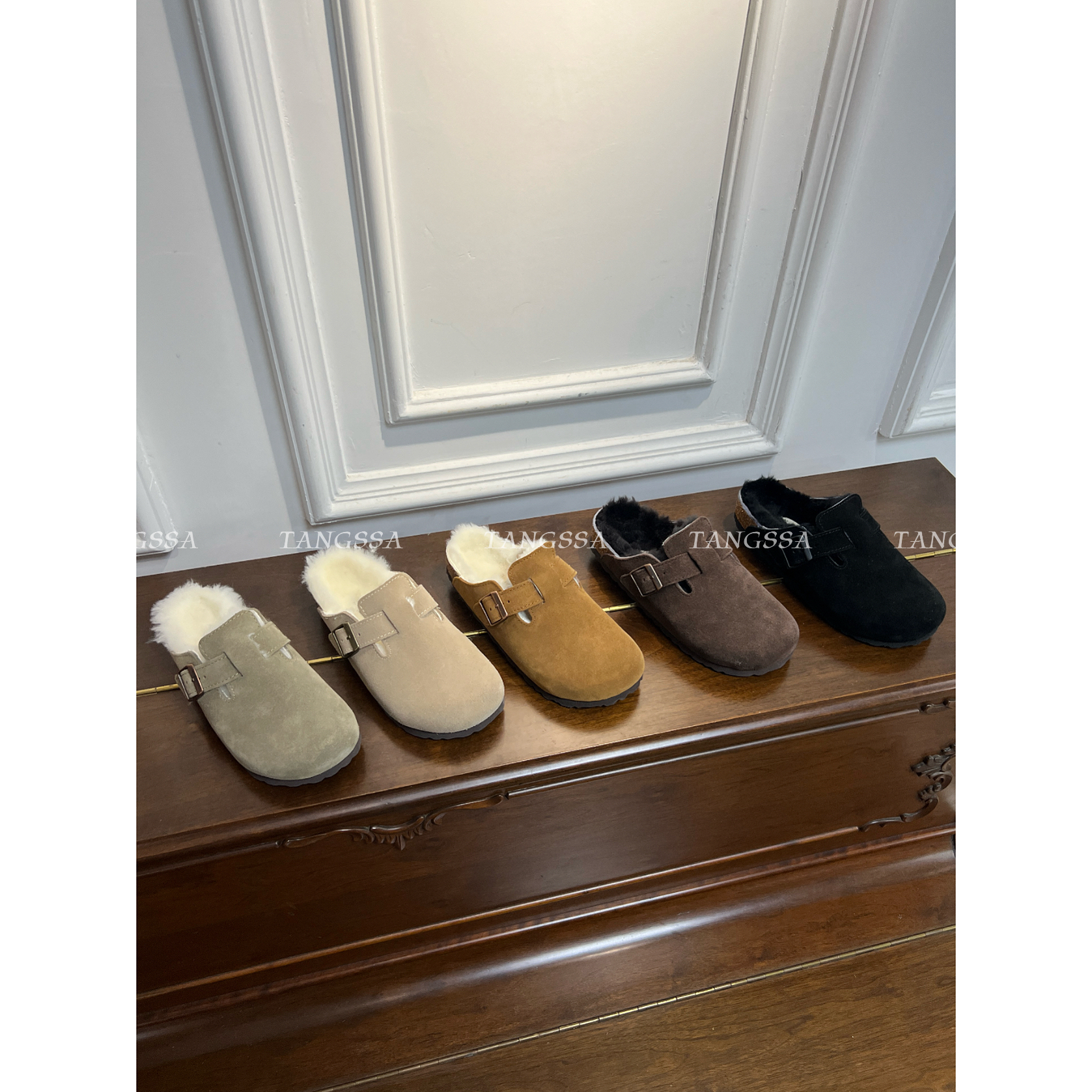 加绒/慵懒row~复古真皮毛一体勃肯鞋丑萌大头软木底包头半拖鞋 - 图1