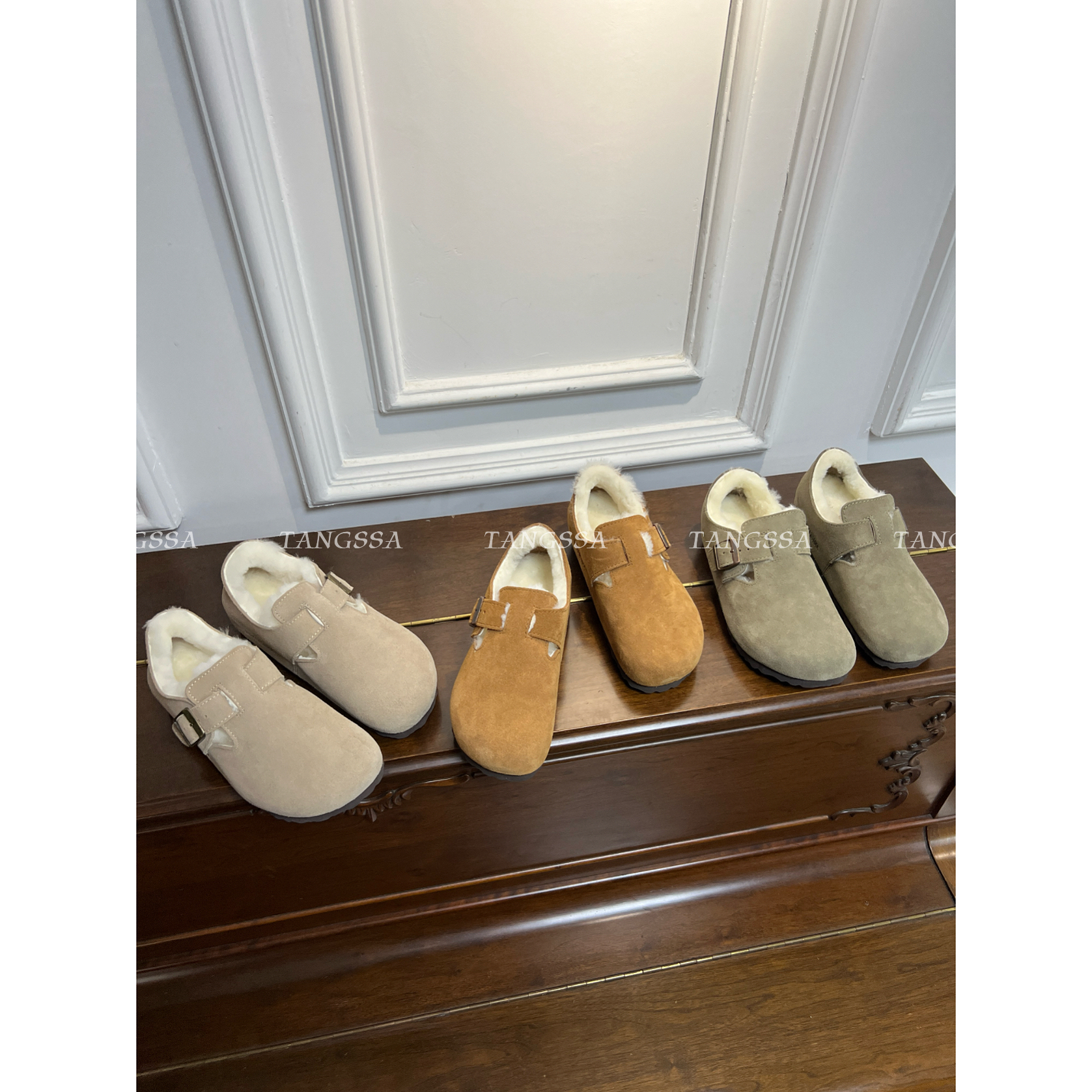 加绒/慵懒row~复古真皮毛一体勃肯鞋丑萌大头软木底包头半拖鞋 - 图0