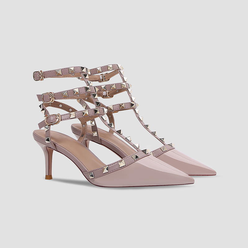 铆钉高跟凉鞋细跟真皮绑带一字扣尖头女工作鞋柳钉罗马时装气质鞋 - 图2