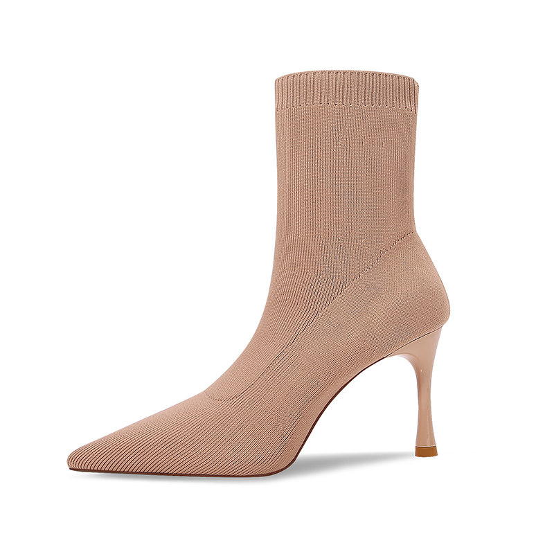 裸色针织短靴女高跟鞋中筒瘦瘦靴尖头细跟套筒单靴女黑色酒杯跟鞋,淘宝优惠券,粉丝福利购,淘宝优惠卷