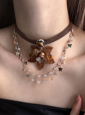 复古vintage咖色虎眼石花朵项链