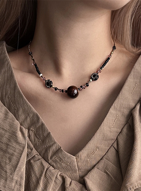 复古新中式虎眼石转运珠项链女