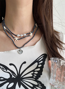 欧美复古风黑色米珠多层海星项链