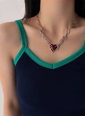 万圣节红色爱心吊坠鬼爪项链女