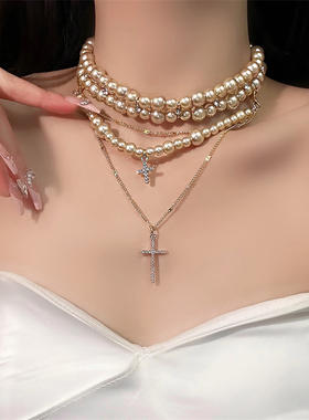 金色十字架珍珠项链女颈链