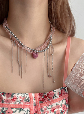 粉色多巴胺水晶串珠爱心流苏项链