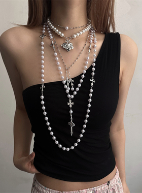 y2k重工多层叠戴珍珠十字架项链