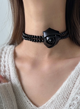 暗黑风黑色串珠花朵choker颈链女