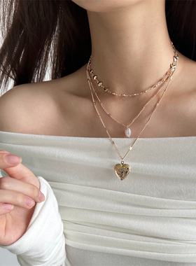 欧美奢华金色多层叠戴爱心项链