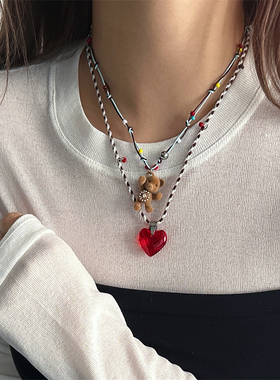 休闲风植绒小熊红桃双层编绳项链