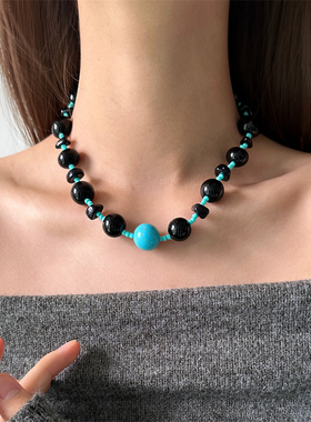 复古风高级感撞色黑蓝色串珠项链