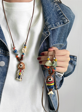 复古民族风圆珠鱼形吊坠项链