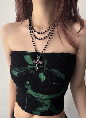 暗黑朋克风红色锆石十字架项链