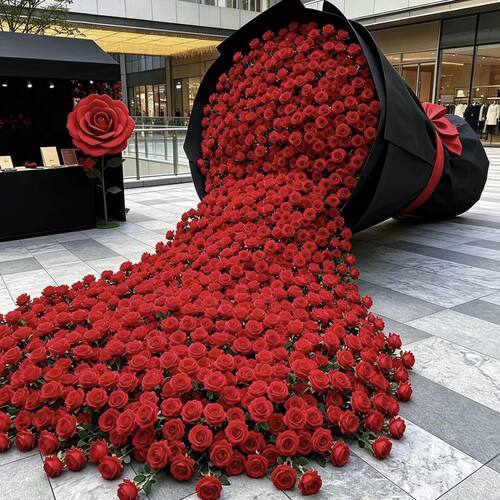 国庆节装饰红色花艺巨型倾倒玫瑰瀑布装置商业街景区节庆场景定制 - 图0