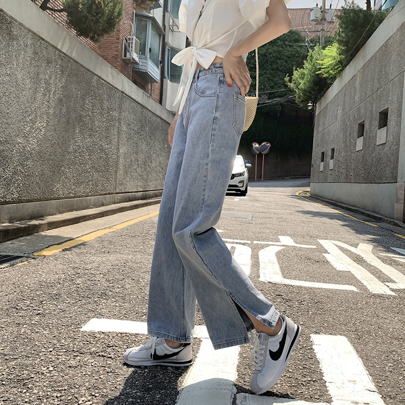 haoall旗舰店泫雅风高腰牛仔阔腿裤女开叉夏季薄款宽松小个子垂感拖地直筒裤子1