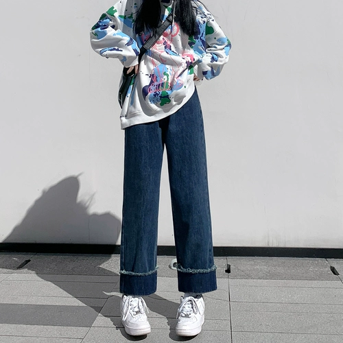 Джинсы, осенние штаны, высокая талия, 2024 года, подходит для подростков, свободный прямой крой