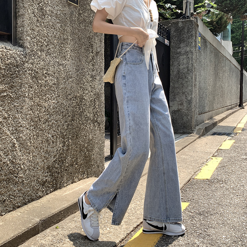 haoall旗舰店泫雅风高腰牛仔阔腿裤女开叉夏季薄款宽松小个子垂感拖地直筒裤子2