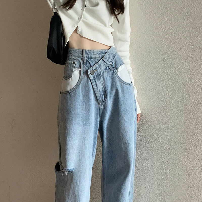 haoall旗舰店高腰破洞牛仔裤女直筒宽松秋装年新款泫雅显瘦拖地垂感阔腿裤2