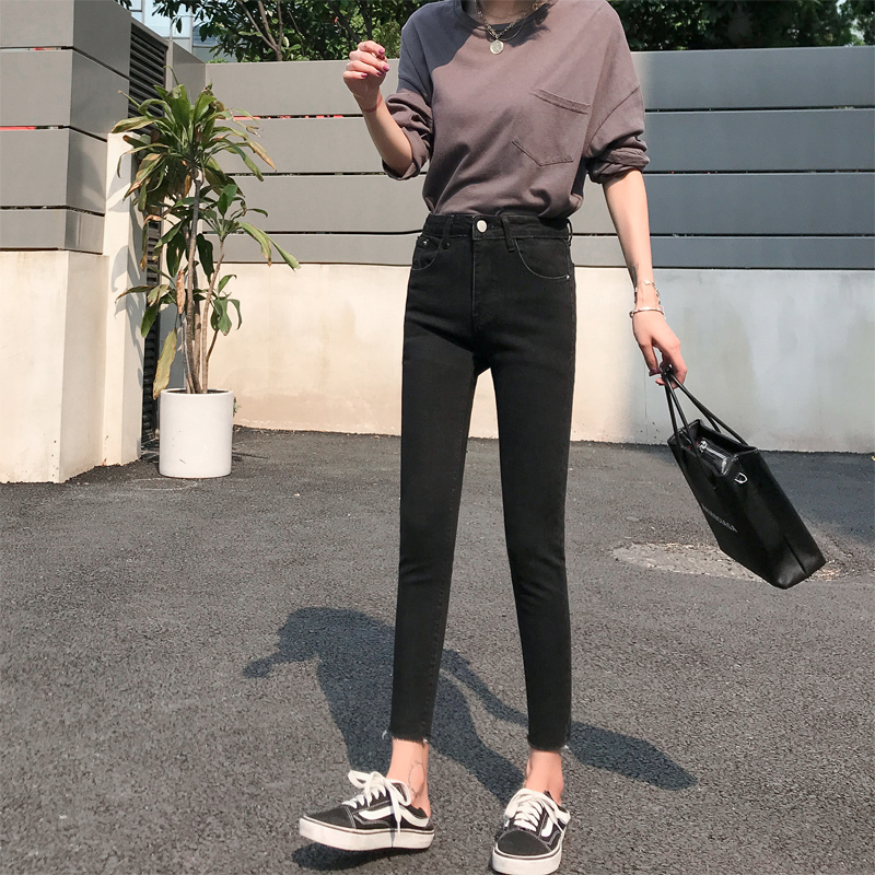 haoall旗舰店烟灰色牛仔裤女新款冬季高腰紧身加绒裤子修身显瘦九分小脚裤3