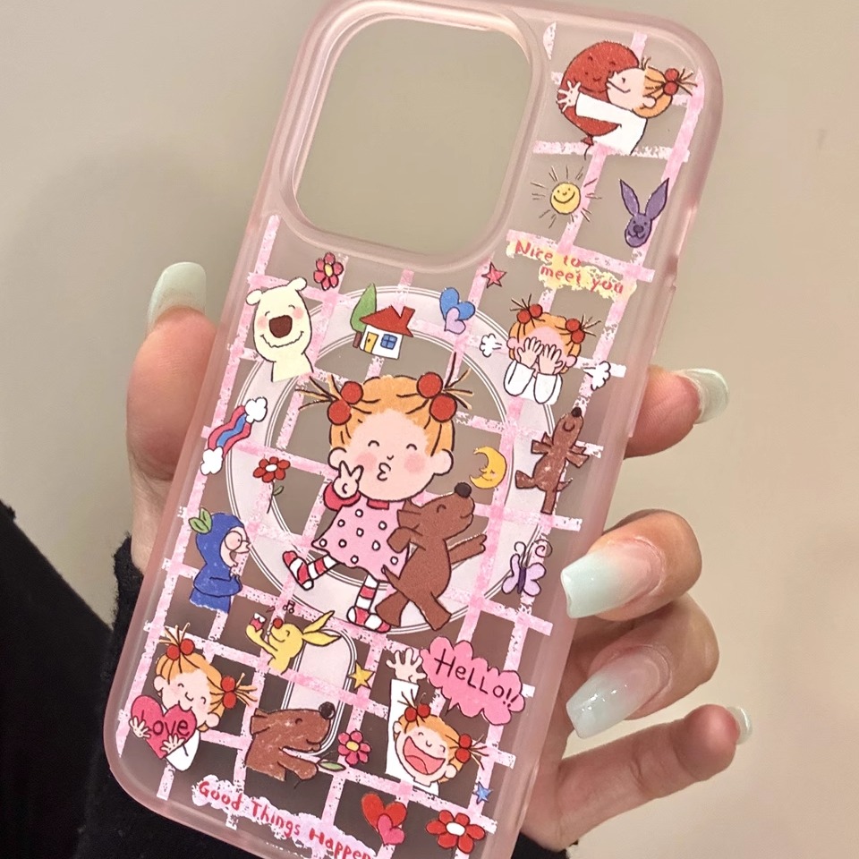 粉格纹比耶coco酱适用iphone16promax苹果15手机壳1新款13pro磁吸 - 图1