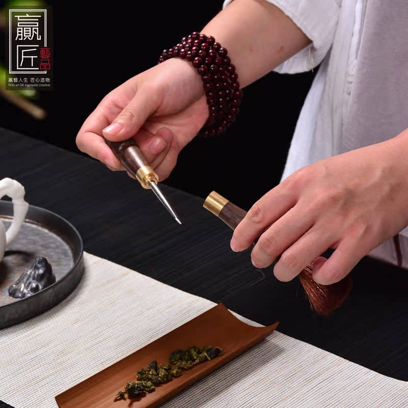 赢匠黑檀木铜扣茶笔刷不掉毛双用型普洱开茶刀养壶笔茶道零配件-图1