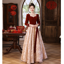 Toast brides 2023 new red wedding high-end engagement banquet evening gown dress superior winter long sleeves