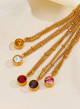 欧美十二月份项链女INS风时尚流行百搭18K金不锈钢镶钻生辰石项链