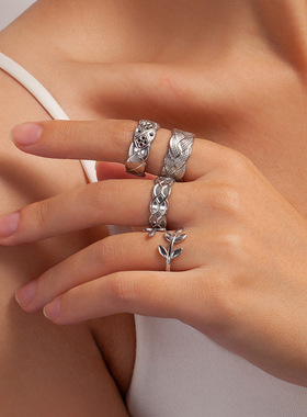 欧美爆款不掉色钛钢戒指蛇形设计复古简约树叶高级感几何镂空