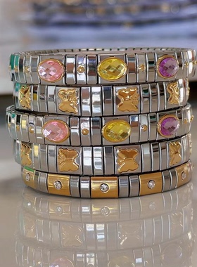 不掉色浮雕蝴蝶彩钻几何不锈钢弹力手镯jewelry necklace