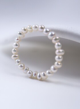 珍珠戒指女2mm小米珠满圈淡水珍珠戒指情侣对戒食指尾戒弹力绳