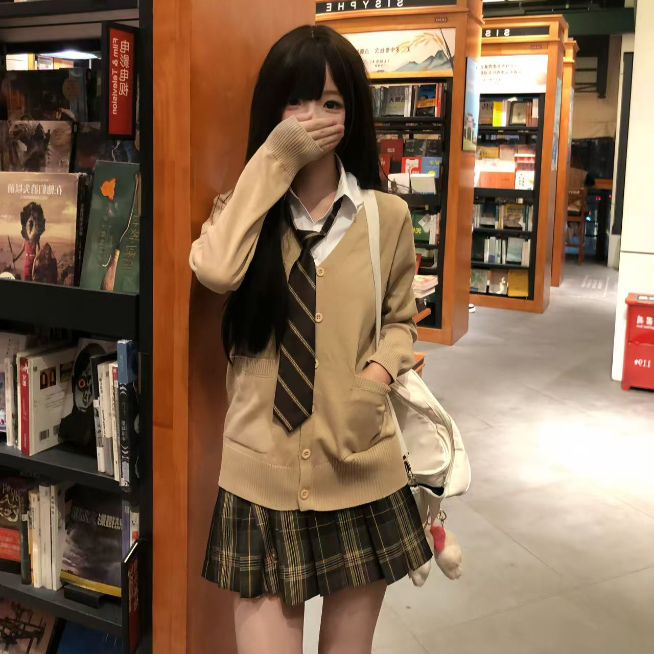 猫看花JK制服套装焦糖色开衫板栗猫格裙长袖毛衣三件套jk制服学院,淘宝优惠券,粉丝福利购,淘宝优惠卷