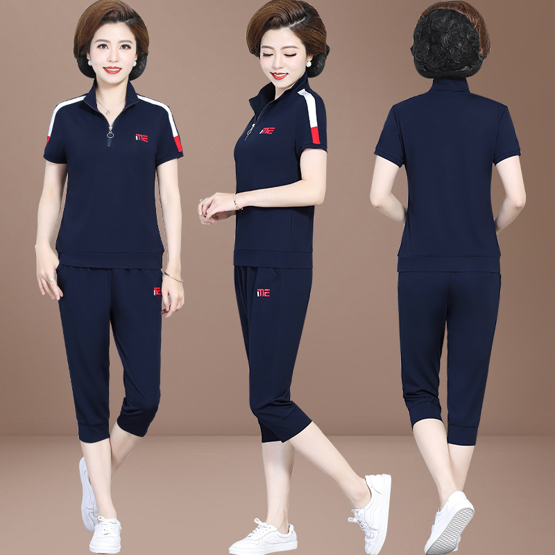 妈妈夏装 恤上衣中老年运动套装女中年人洋气夏天短袖短裤两件套 T 妈妈夏装 恤上衣中老年运动套装女中年人洋气夏天短袖短裤两件套 T