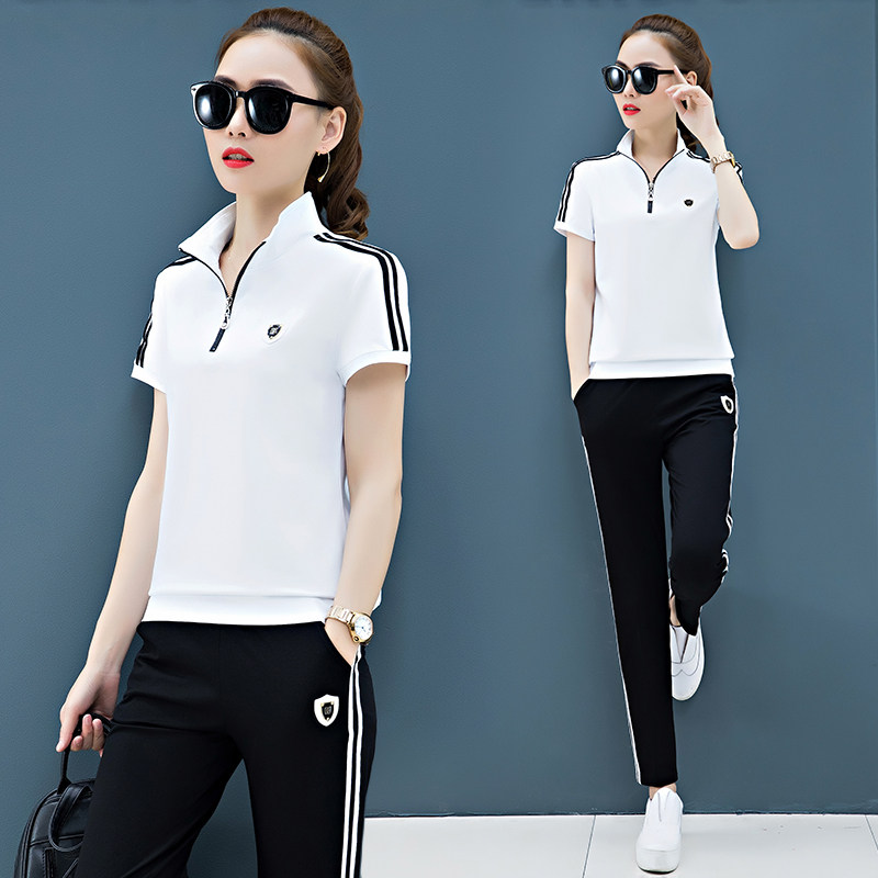 年轻妈妈夏装中老年运动两件套t恤 雪罗中老年女装