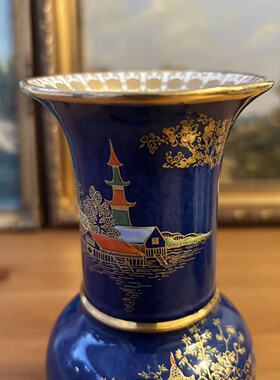 Carlton Ware 卡尔顿 英国古董收藏 稀有撒蓝鎏金手绘风景瓷花瓶