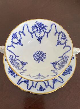 COALPORT 科尔波特 20年代古董双耳青花描金双耳杯 百年汤碗 瓷碗