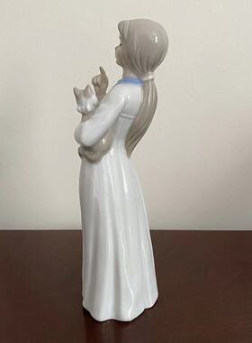 Roumano 鲁马诺 西班牙中古手工瓷偶摆件 少女和猫咪人偶瓷娃娃