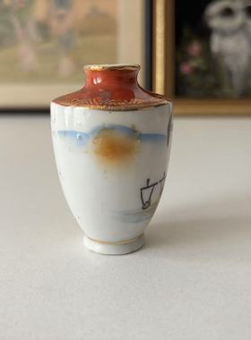 欧洲回流日本手绘风景装饰瓷瓶 玄关摆件瓷器 中古收藏迷你小花瓶