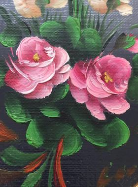 欧洲油画摆件 手绘花卉木板油画 中古收藏椭圆金色画框 玄关油画