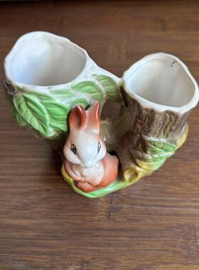 EASTGATE POTTERY 英国老瓷器动物摆件 卡通兔子树桩手工装饰瓷器