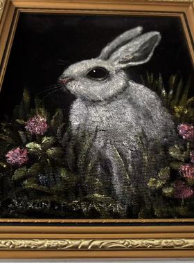 Norwich 英国稀有手绘兔子丝绒油画摆件 装饰绒布收藏画 画家原作