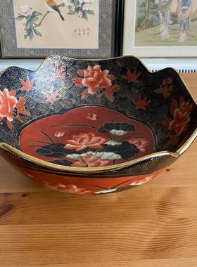 欧洲回流 景德镇创汇老瓷器手绘描金荷花四瓣花开窗大碗 手工果盆