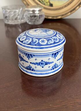 Delft 代尔夫特 荷兰手绘青花瓷首饰盒 欧洲中古盖盒装饰摆件瓷罐